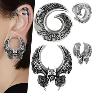2PCS Copper Ear Expanders Tunnels Ghost Head&Swirl Ear Gauges Plugs Earrings Stretchers Piercing Body Jewelry for Women Men