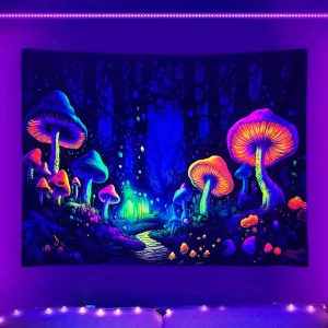 Psychedelic UV Reactive Fluorescent Tapestry Mushroom Home Decor Wall Hanging Witchcraft Skull Flowers Bright Under Black Light